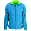 Sky blue kids zip-up track jacket with neon green contrast collar, side panels, and cuff trims