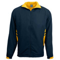 Navy sports track jacket with gold contrast collar, side panels and cuffs featuring full zip closure