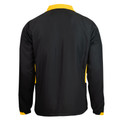 Back view of black kids tracksuit top with gold contrast collar and side panels