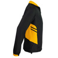 Black and gold contrast sports jacket with striped sleeve panel detail and hood, side view