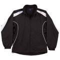 Black sports jacket with white shoulder panels and contrast piping detail, zip front with elastic cuffs and waist