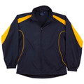 Navy sports jacket with gold contrast panels on shoulders and sleeves, piping detail, and zippered front