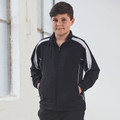 Child wearing black full-zip sports jacket with white contrast shoulder and sleeve panels