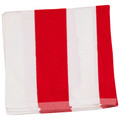 Folded beach towel with bold red and white vertical cabana stripes, terry cloth texture