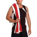 Man draping a red and white striped terry towel over his shoulder, gym or beach setting