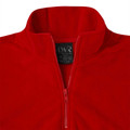 Red kids polar fleece half-zip sweatshirt with stand collar and matching zip, close-up packshot