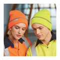 Two models in hi-vis workwear wearing fluoro orange and fluoro yellow knit beanies with 3M reflective tape bands