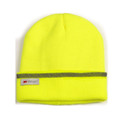Hi-vis yellow knit beanie with grey 3M reflective tape stripe and Thinsulate label on fold-up cuff