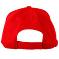 Back view of a red structured baseball cap with velcro strap and pique mesh fabric panels