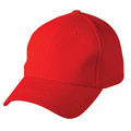 Bright red structured six-panel baseball cap in pique mesh with flat front panel and curved brim