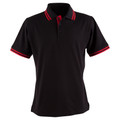 Black polo shirt with red contrast tipping on collar and sleeve cuffs