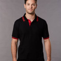 Black polo shirt with red contrast trim on collar and sleeves, smooth performance fabric with flat decoration panel