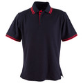 Navy polo shirt with red contrast tipping on collar and sleeves, featuring red placket detail