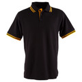 Black polo shirt with gold contrast trim on collar and sleeves featuring button placket