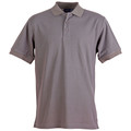 Warm grey men's short sleeve pique polo shirt with three-button placket and ribbed collar and cuffs