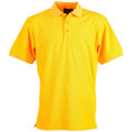 Bright golden yellow polo shirt with contrasting orange collar and three-button placket