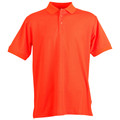 Bright coral orange polo shirt with collar and three-button placket showing smooth flat front panel