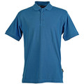 Steel blue men's short sleeve polo shirt with three-button placket and pique texture flat lay