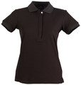 Black ladies short sleeve polo shirt with charcoal contrast collar and button placket