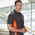 Charcoal grey CoolDry polo with orange contrast side panels and shoulder piping