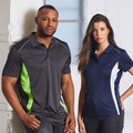 Man and woman wearing contrast panel CoolDry polo shirts in charcoal with lime and navy with white side panels