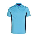 Sky blue CoolDry polo with navy contrast side panels and shoulder piping