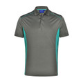 Charcoal and teal contrast panel men's short sleeve polo shirt with three-button placket