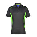 Charcoal and lime green contrast panel men's polo shirt with three-button placket and short sleeves