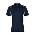 Navy and white contrast panel men's polo shirt with three-button placket and shoulder piping detail