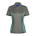 Charcoal grey ladies polo shirt with teal side panels and contrast piping detail