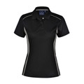 Black ladies polo shirt with grey contrast side panels and piping detail on shoulders
