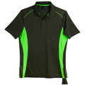 Charcoal grey polo shirt with bright neon green side panels and shoulder piping detail
