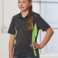 Girl wearing charcoal and lime green contrast panel CoolDry polo shirt with three-button placket and piped side inserts