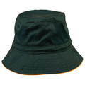 Forest green bucket hat with gold contrast brim trim and toggle adjuster
