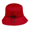 Crimson red bucket hat with navy contrast trim and adjustable toggle drawcord at crown