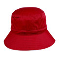 Red bucket hat with tonal stitching and wide brim, featuring adjustable toggle detail