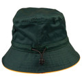 Bottle green bucket hat with gold contrast brim trim and adjustable toggle drawcord, packshot view