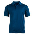 Navy blue short sleeve polo shirt with matching collar and three-button placket