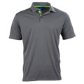 Charcoal grey polo shirt with lime green contrast trim on collar and placket
