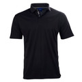 Black short-sleeved polo shirt with charcoal contrast collar and placket detail