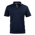 Navy polo shirt with orange contrast trim detail on collar placket and short sleeves