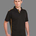 Black polo shirt with gold contrast piping along shoulders and sides, featuring collar and placket details