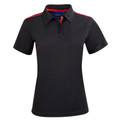 Charcoal grey ladies polo shirt with red shoulder piping and red inner placket detail