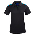 Charcoal ladies polo with cyan blue shoulder piping and contrast inner placket
