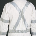 White coverall with silver reflective biomotion tape cross-back and sleeve stripes