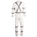 White coverall with silver reflective tape on shoulders, arms, waist, and legs in X-back configuration