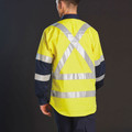 Back view of hi-vis yellow and navy long sleeve safety shirt with X-pattern and horizontal silver reflective tape