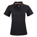 Black kids' polo shirt with orange contrast piping on shoulders and collar trim