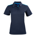 Navy kids polo shirt with bright blue contrast piping on shoulders and collar trim