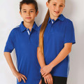 Royal blue kids polo shirts with white contrast stripe detailing and classic collars